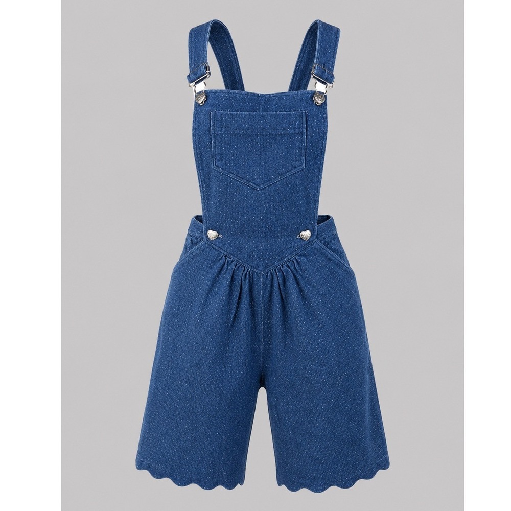 Vintage Blue Textured Denim‎ Wide Leg Overalls with Heart Buttons Indigo